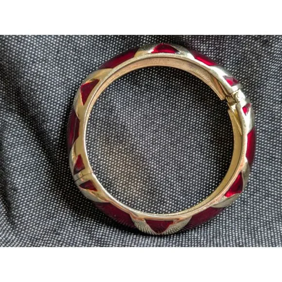 Vintage 80s Red Glass Panel Gold Tone Hinged Bangle Bold Statement - Picture 12 of 12